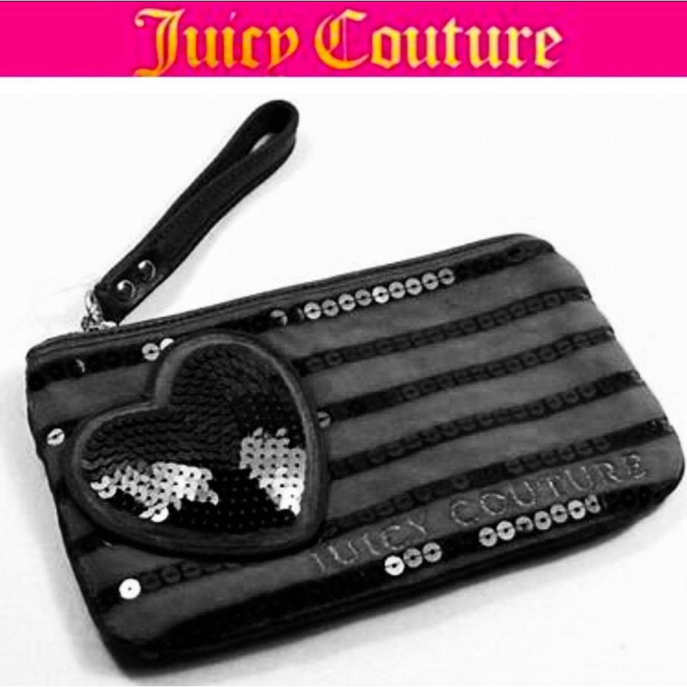 🦋JUICY COUTURE black sequined striped zippered wristlet/purse size 9x5 EUC - Picture 1 of 6
